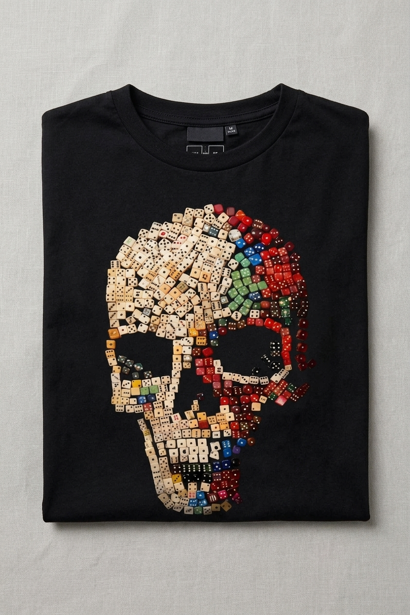 The "Roll of the Dead" Dice Skull Graphic Tee Monte Carlo Mosaic - Image 2