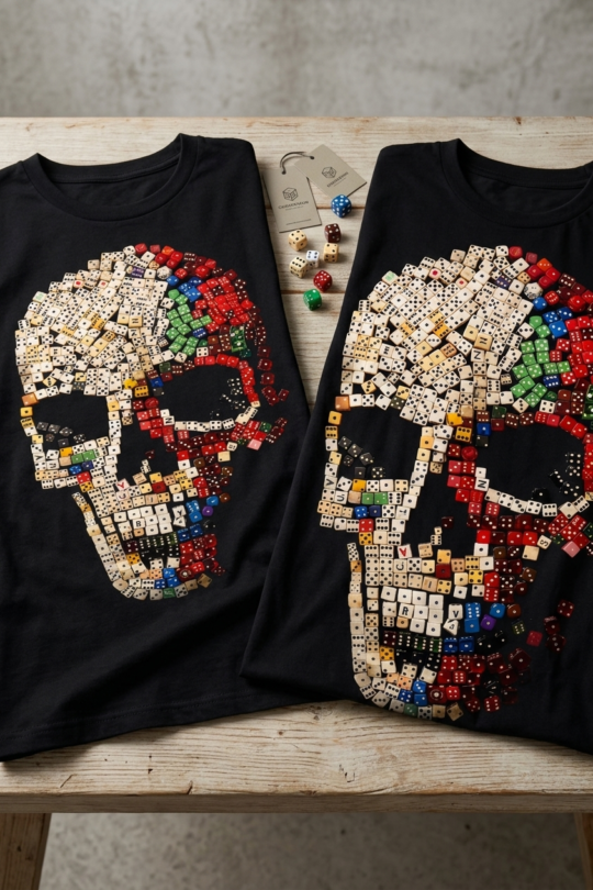The "Roll of the Dead" Dice Skull Graphic Tee Monte Carlo Mosaic